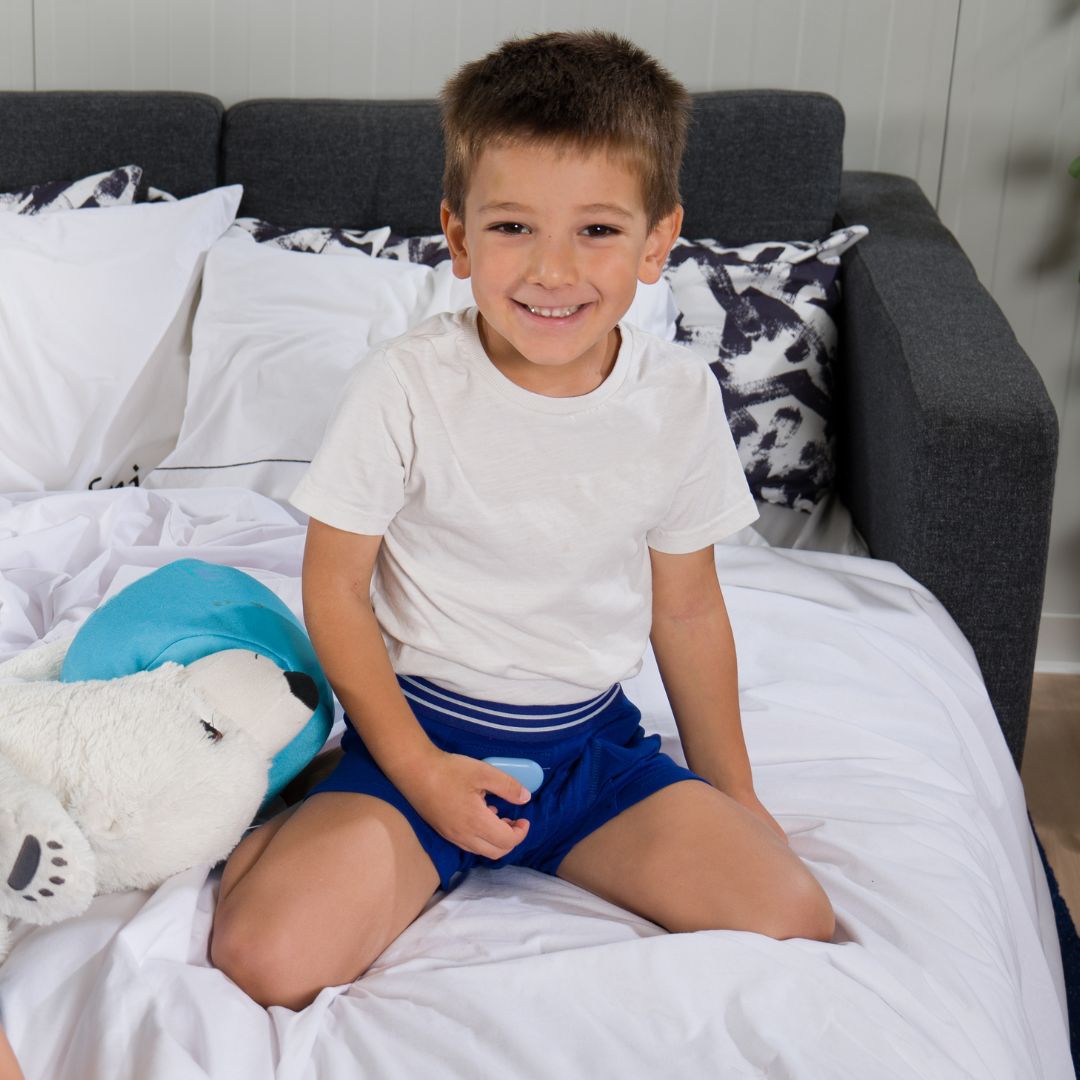 Pjama Bedwetting Treatment KIT - Boxer Underwear (dark blue) & Alarm. Wireless bedwetting Alarm Australia. 